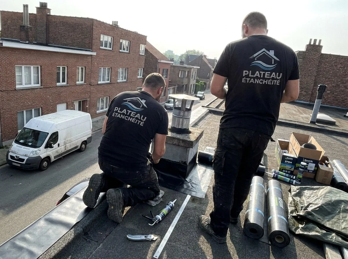 Deux étancheurs de Plateau Étanchéité refont le raccord d'une cheminée sur un toit plat à Woluwe-Saint-Lambert, rue de maisons en briques en contrebas