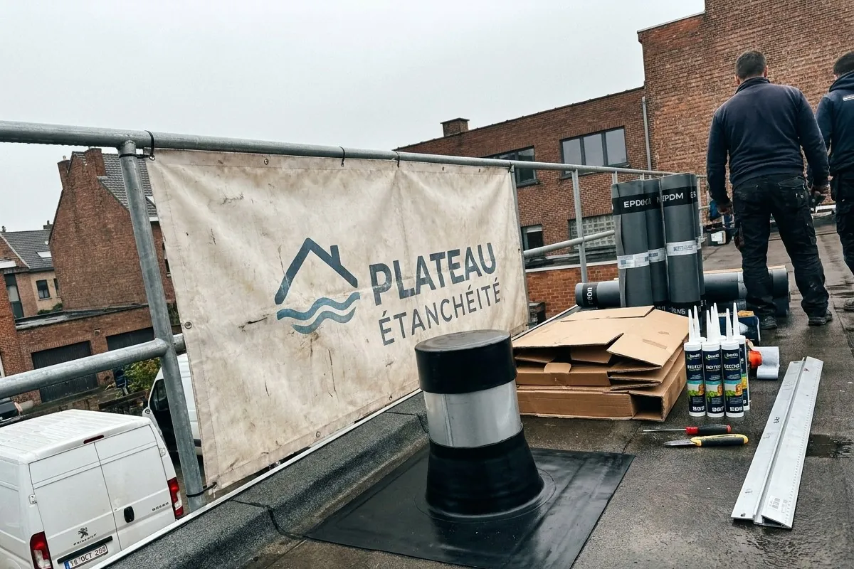 Toit plat en cours à Woluwe-Saint-Lambert : ventilation raccordée en EPDM, bâche Plateau Étanchéité sur le garde-corps, rouleaux de membrane